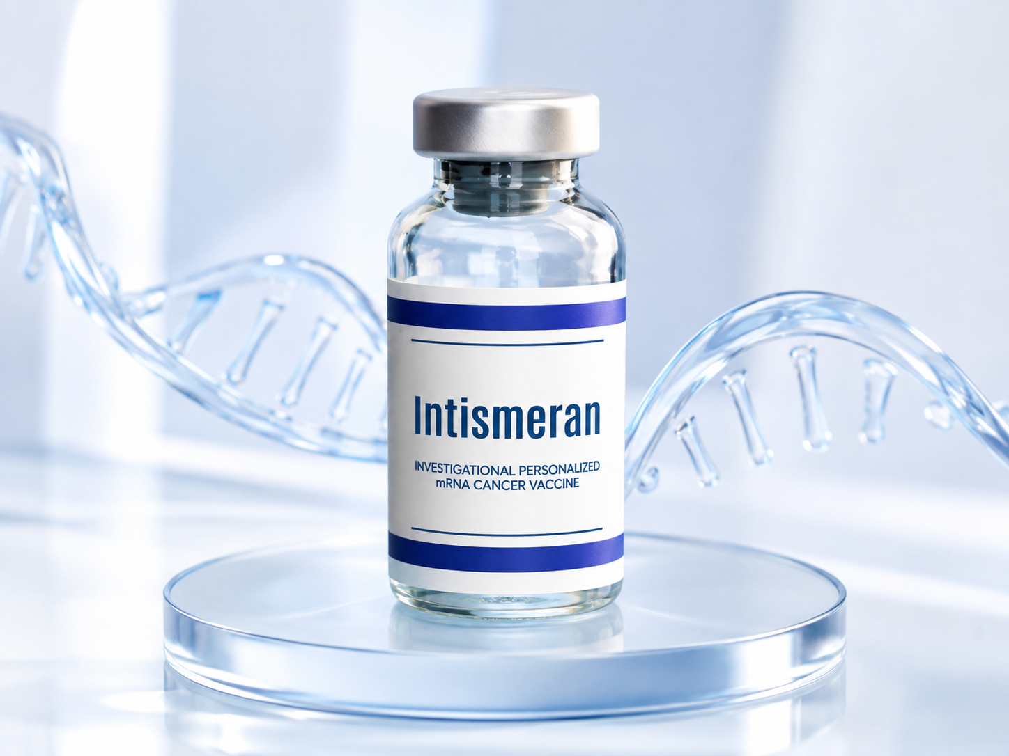 The Cancer Vaccine vial on a studio pedestal