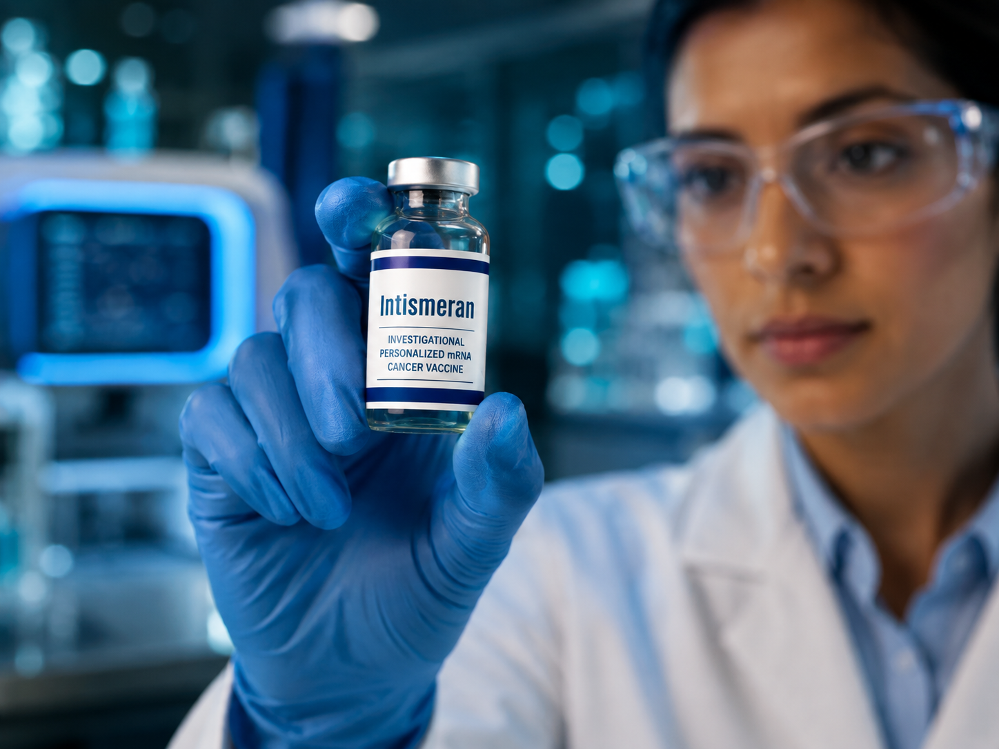 Researcher holding The Cancer Vaccine vial in a lab